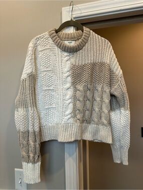 aerie Two-Tone Cable & Rib Crewneck Sweater - Cream & Beige